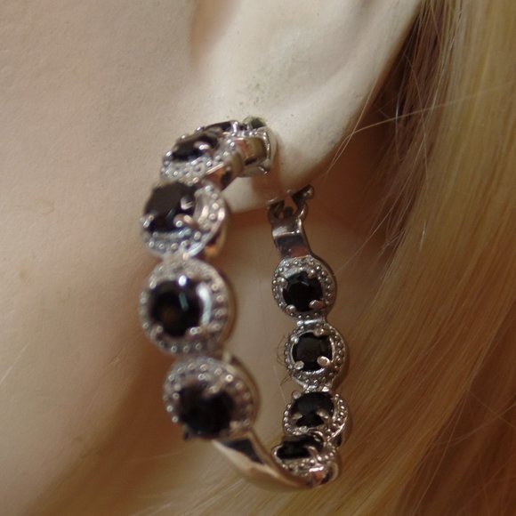 Jewelry - Unbranded Stainless Steel Black Spinel & Sparkling CZ Hoop Earrings Apx 1.5" 10G